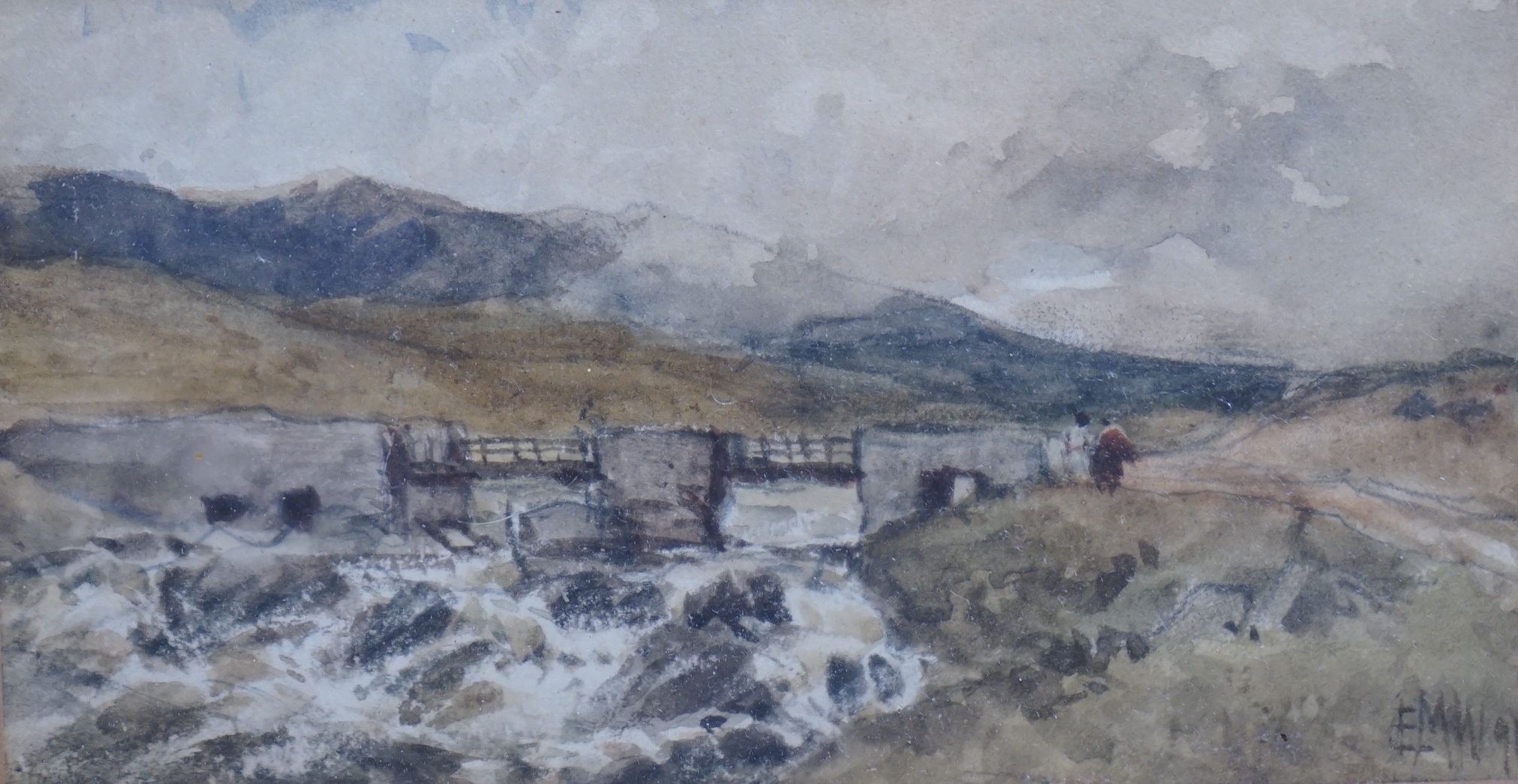 Edmund Morison Wimperis (1835-1900), watercolour, Highland river with bridge and distant hills, inscribed to mount, 9 x 16cm